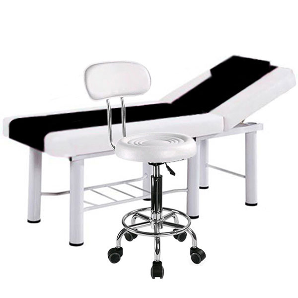 Set salon - Scaun hidraulic cu spatar, Taburet rotativ, Alb + Masa cosmetica, Pat masaj profesional, 186x70x65cm, Piele