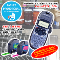 Aparat de etichetat Dymo LetraTag 100h si 2 benzi culori neon dimensiune 12mm x 4m; Cod Produs: PROM123