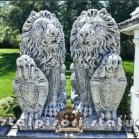 Statueta leu mare cu blazon, gri patinat, model S1.