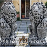 Statueta leu mare cu blazon, gri patinat, model S1.